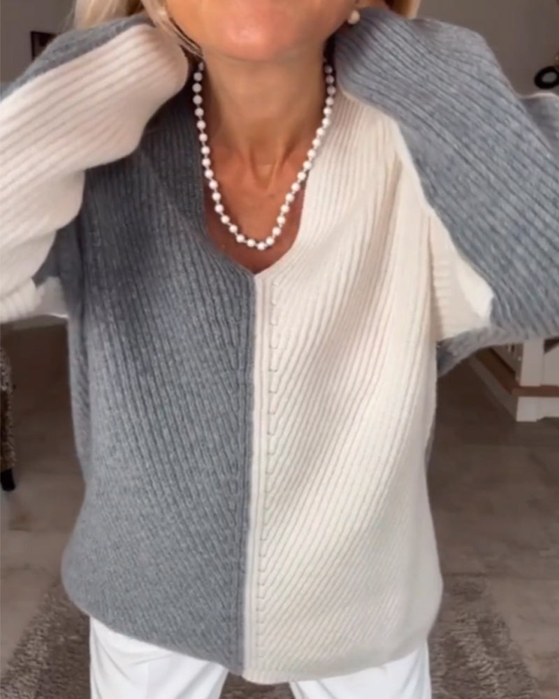 FashionHeir™ V-Neck Colour Block Knit Sweater