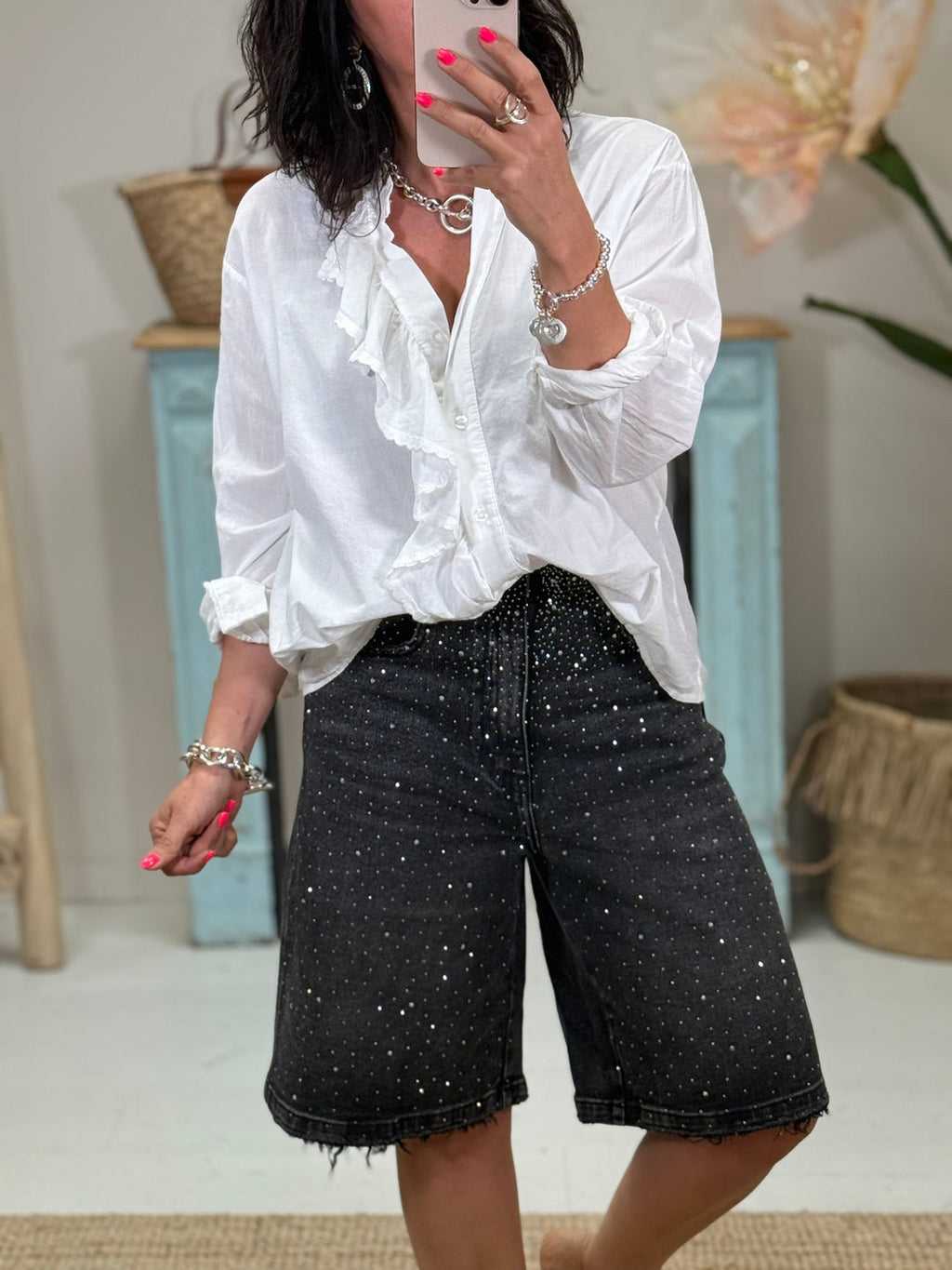 Bermuda Rhinestone Denim Shorts – Black Embellished Style