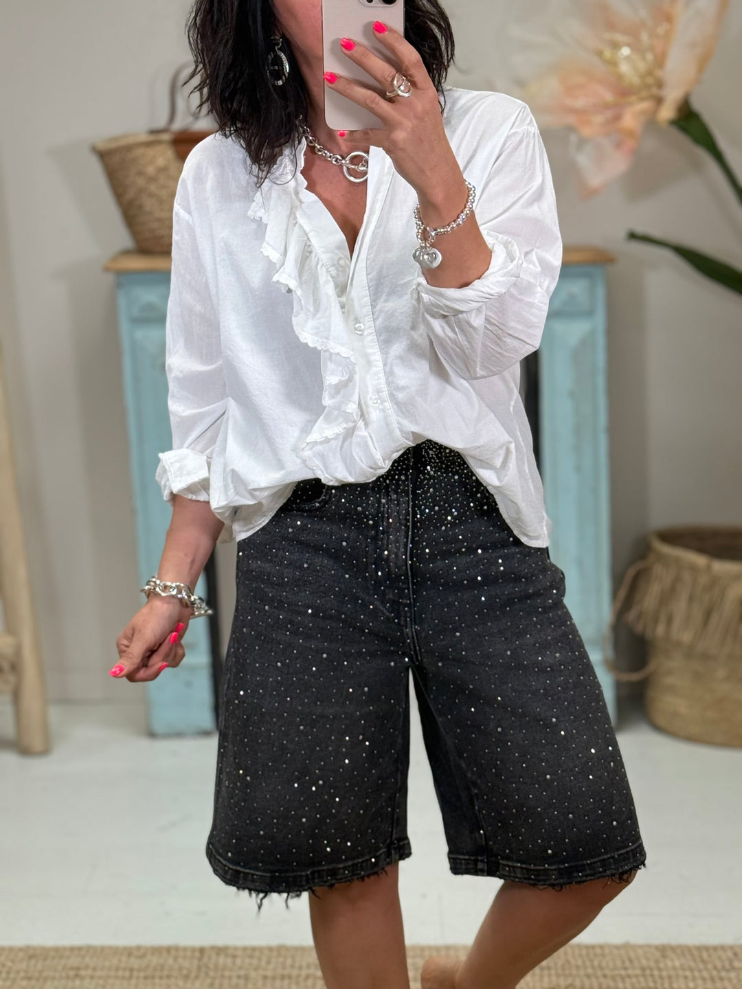 Bermuda Rhinestone Denim Shorts – Black Embellished Style
