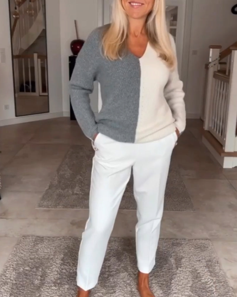 FashionHeir™ V-Neck Colour Block Knit Sweater