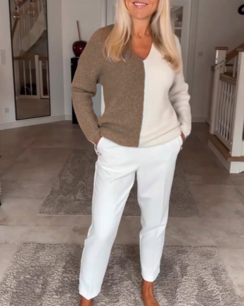 FashionHeir™ V-Neck Colour Block Knit Sweater