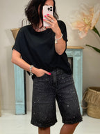 Bermuda Rhinestone Denim Shorts – Black Embellished Style
