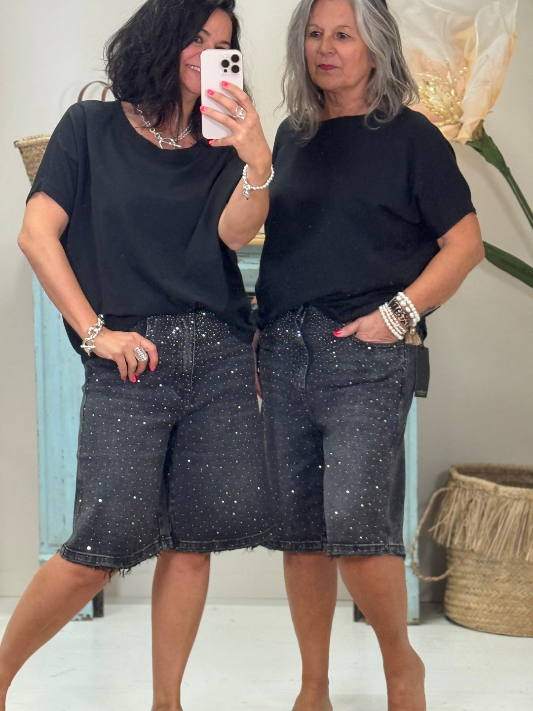 Bermuda Rhinestone Denim Shorts – Black Embellished Style