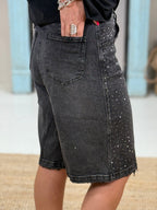 Bermuda Rhinestone Denim Shorts – Black Embellished Style