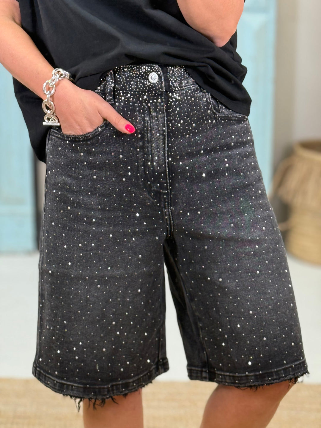 Bermuda Rhinestone Denim Shorts – Black Embellished Style