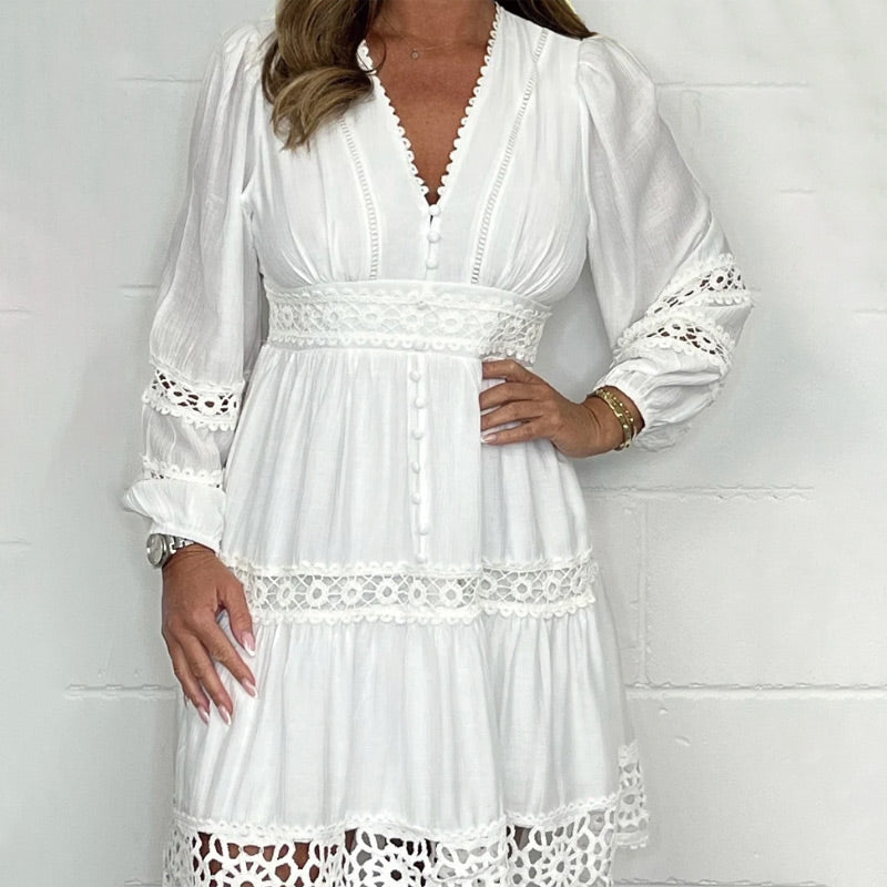 Aurora White Vintage Lace V-Neck Dress
